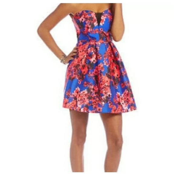 B.DARLIN Floral Print Blue Strapless Fit & Flare Dress Size 3/4 NEW - Picture 2 of 11